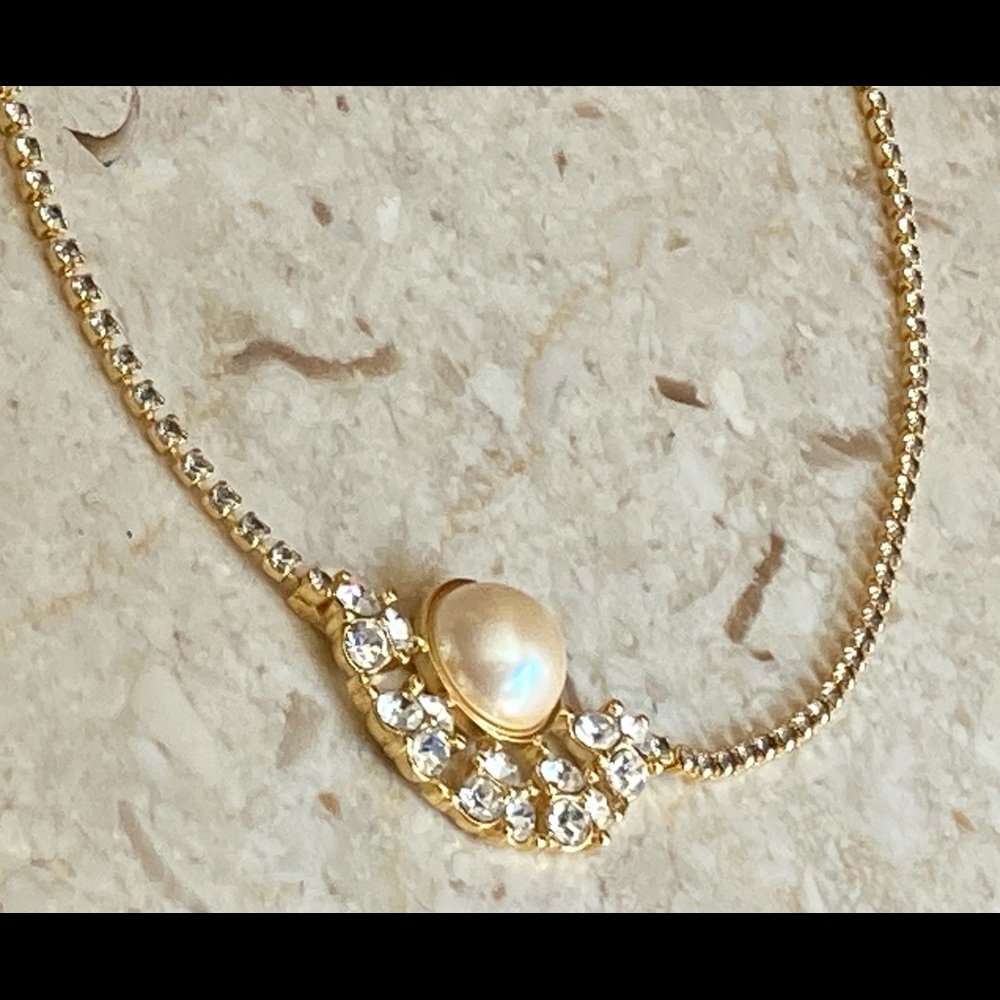 Monet Vintage Gold Tone & Pearl, Crystal Necklace - Picture 5 of 8